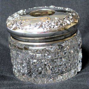 GORHAM STERLING HAIR RECEIVER JAR, STERLING REPOUSSE AND CRYSTAL 1880 ANTIQUE